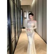 【台灣出貨】白色洋裝 蕾絲洋裝 輕奢婚紗裙 宴會晚禮裙 辣妹一字肩喇叭袖連衣裙 修身顯瘦魚尾裙 包臀裙 生日洋裝
