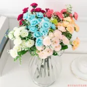 嘉義免運♕仿真15頭玫瑰花 家居裝飾花 杜鵑花 高檔婚禮新娘手捧花 仿真玫瑰 人造花 絹花 永生花玫瑰