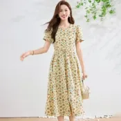 (店+)【UG 優物集】出清品洋裝大尺碼連身顯瘦長裙渡假優雅小香風短袖女裝新款花色短袖連衣裙女士2026媽媽夏季新款時尚顯瘦洋氣雪紡中長裙A字裙