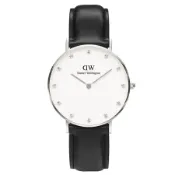 DW Daniel Wellington 施華洛世奇水晶黑色皮革腕錶-銀框/34mm(0961DW)