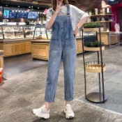 ZUCA”S - 韓版休閒百搭簡單森林系丹寧牛仔口袋刷破設計吊帶直筒高腰花苞牛仔吊帶褲 - A-247