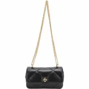 【TORY BURCH】Kira 迷你 雙T標誌菱絎縫納帕肩 斜背鏈帶包(黑色 鍊包 翻蓋 TB)