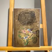 Vintage印度舊印花稅票紙細密畫- 枝頭上的知更鳥 - 古董antique