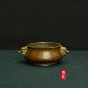 古玩收藏仿古宣德爐雙耳獅首銅香爐茄紫皮老bao漿底款陳巧生