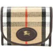 【BURBERRY 巴寶莉】Highlands 棉麻混紡格紋帆布戰馬徽標小牛皮三折短夾(沙色)