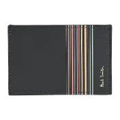 【Paul Smith】PAUL SMITH金字LOGO小牛皮多色條紋2卡開口式卡夾(男款/黑)