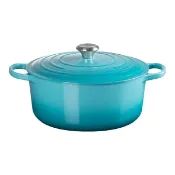 及時雨 生活好物選品 Le Creuset 雙耳圓形鑄鐵鍋 含鋼頭鍋蓋 28公分 加勒比海藍