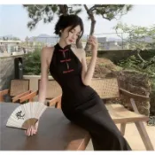 【Lorine匯衣閣】黑色旗袍洋裝 新中式洋裝 國風復古連身裙 日常改良旗袍撞色盤扣修身顯瘦長裙 魚尾裙 宴會洋裝