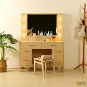 WAKUHOME 瓦酷家具 Aurora北歐橡木LED網美鏡4尺化妝桌-含椅總寬111x深45x高146