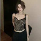 【唯家】臺灣出貨 熱門款  豹紋蕾絲 拼接 帶彈力  吊帶 小背心 女 夏季修身 內搭 短款 純欲 上衣 外穿