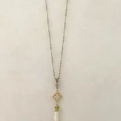 Minertés+珍珠母貝幸運草‧珍珠(綠玉石)流蘇‧黃銅項鍊+