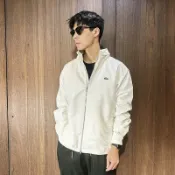 美國百分百【全新真品】法國 Lacoste 防風外套 立領 隱藏連帽 鱷魚 夾克 運動休閒時尚 男款 白色 BH09