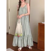 【大麥優選】度假洋裝长裙 寬松顯瘦慵懶風飘逸洋装 渡假風大尺碼海边穿搭 法式氣質雪紡吊帶長裙 长洋装連身裙 褶皺遮肉連衣
