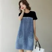 【韓國K.W.】韓國丹寧牛仔天使誘惑拼接假二件優雅洋裝(小香風/輕量/洋裝/休閒/日系/通勤/渡假)