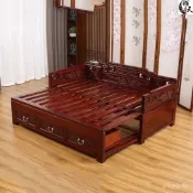 【免稅】實木實木推拉羅漢床老榆木抽拉床中式仿古沙髮床伸縮床客廳多功能床榻羅漢床 實木沙發 床榻 躺椅 NCKS