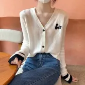 【ONEY 歐妮】★針織刺繡薄款V領開衫外套(女上衣/長袖/百搭)