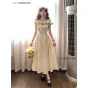 女裝 米杏色圓點短袖連身裙 大翻領蝴蝶結裝飾 高腰修身大裙擺A字長裙 法式甜美田園風 夏季通勤約會度假百搭洋裝 小個子款