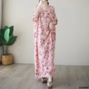 🔥熱銷🔥【特大尺碼】(40-100kg)夏薄棉v領減齡胖妹妹印花超仙大擺洋裝女長袍