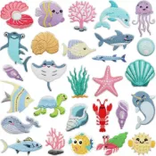 客秋皮~可愛海洋動物 海豚 鯨魚 熱帶魚 螃蟹 貝殼 海星珊瑚 鯊魚 布藝刺繡 刺繡貼紙 繡布貼 衣服裝飾熨燙貼 刺繡貼