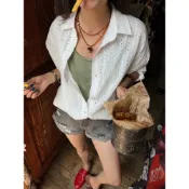 Malon．韓國法式梔子花鏤襯衫－薄棉麻 文青 襯衫外套 鏤空襯衫 設計款 白襯衫 長版襯衫 收腹 縮腰 襯衫罩衫