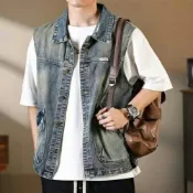 (店+)牛仔外套背心男生機能工裝多口袋無袖防水立領防風大尺碼釣魚牛仔背心男裝夾克馬甲背心外套