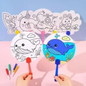 9516 用戶留存📝兒童手工塗鴉扇子diy自制空白繪畫小圓扇卡通塗色扇獎品禮物4C6H