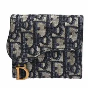 Dior 經典SADDLE LOTUS緹花布小牛皮內襯D墜飾摺疊三折短夾(藍色)