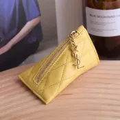 【YSL】品牌金屬LOGO吊墜菱格小羊皮鑰匙圈吊飾零錢包(黃)