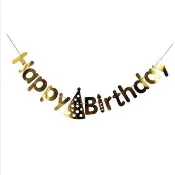 質感燙金生日快樂帽子造型紙製掛旗1組(派對 生日派對 慶生生日 掛旗 生日掛旗)