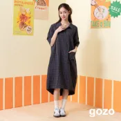 【gozo】➤紋理格紋半開襟襯衫洋裝(黑色_F) | 女裝 V領 休閒