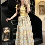兩件套 韓版氣質通勤顯瘦巨好看漂亮黃色碎花連衣裙女夏季2026新款小個子穿搭一整套裝長裙氣質套裝通勤穿搭約會洋裝渡假風