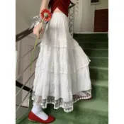 [QC]【2.7萬人收藏】白色設計感蕾絲花邊蛋糕裙半身裙女春夏高腰法式長裙大裙擺A字裙
