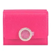 【BVLGARI 寶格麗】金屬釦LOGO小牛皮三折雙面小零錢短夾(桃粉)