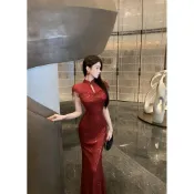 【台灣出貨】二色 立領旗袍洋裝 網紗拼接亮片洋裝 重工流蘇顯瘦連衣裙 修身魚尾裙 晚禮服 主持人洋裝 酒店工作服 紅色洋