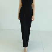 復古一字領赫本風垂墜感 無袖露背高腰長連衣裙/洋裝