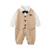 (店+)【雪倫小舖】寶寶西裝 滿月禮服 包屁衣套裝 收涎禮服 卡其紳士包屁衣 男寶禮服 嬰兒禮服 西裝連身衣