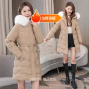 韓版女裝中長款羽絨服外套大碼收腰顯瘦羽絨棉服大毛領新款冬季加厚外套連帽外套收腰顯瘦加厚保暖禦寒零下-15°防風保暖大衣