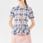 【SCOTTISH HOUSE】圓領荷葉蕾絲格紋襯衫 CHT11302