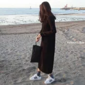 超讚CP❤韓國毛衣裙 寬鬆休閒百搭少女秋冬針織長裙 顯瘦洋裝 過膝洋裝 半高領套頭針織毛衣打底長袖連衣裙 ZY