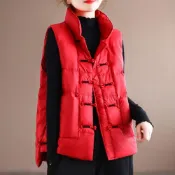 (店+)【ROCU 若初】純色復古立領盤扣夾棉羽絨棉背心女背心-共3色-39057L-2XL可選