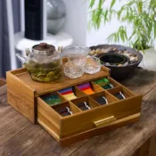 (店+)沐風 木質茶包收納盒抽屜式茶具儲存桌面收納底座木製梧桐木分格茶包盒
