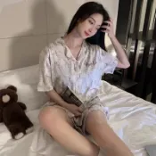 胖胖美依 套裝 睡衣 家居服 冰絲睡衣夏季薄款短袖套裝夏天絲綢寬鬆家居服-4007.