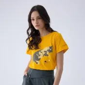 【ILEY 伊蕾】貓咪膠印圖袖口挖洞棉質上衣(黃色；M-2L；1242171210)