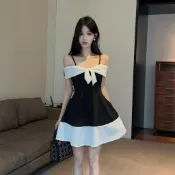 優雅韓系撞色收腰大擺吊帶連身裙 休閒百搭簡約顯瘦洋裝女