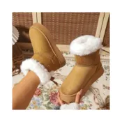 (店+)短筒雪地靴女冬季加厚毛絨內裡厚底增高棉鞋麂皮絨鞋面防滑橡膠底翻毛靴口蝴蝶結設計保暖防寒短靴柔軟毛裡禦寒女雪靴