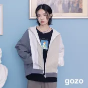 【gozo】➤gz拼接撞色運動連帽外套(卡其/灰色_F) | 女裝 連帽 百搭