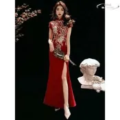 旗袍敬酒服 新娘禮服 魚尾長款 中國風結婚禮服 酒紅色 2025新款 現貨免運 宴會賓客 日常可穿