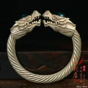 【DS·每日銀】尼泊爾手工老銀匠鑲寶石雙龍頭銀飾扭絲開口銀鐲子足銀轉運銀手環