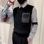 假兩件毛衣男士 潮流條紋襯衫領打底口袋設計針織衫 秋冬季男裝線衣