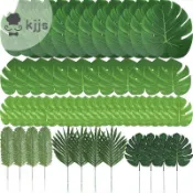 60 件裝 6 種人造棕櫚葉熱帶植物葉人造龜背竹葉莖,用於夏威夷盧奧派對裝飾,叢林海灘主題派對餐桌離開裝飾品